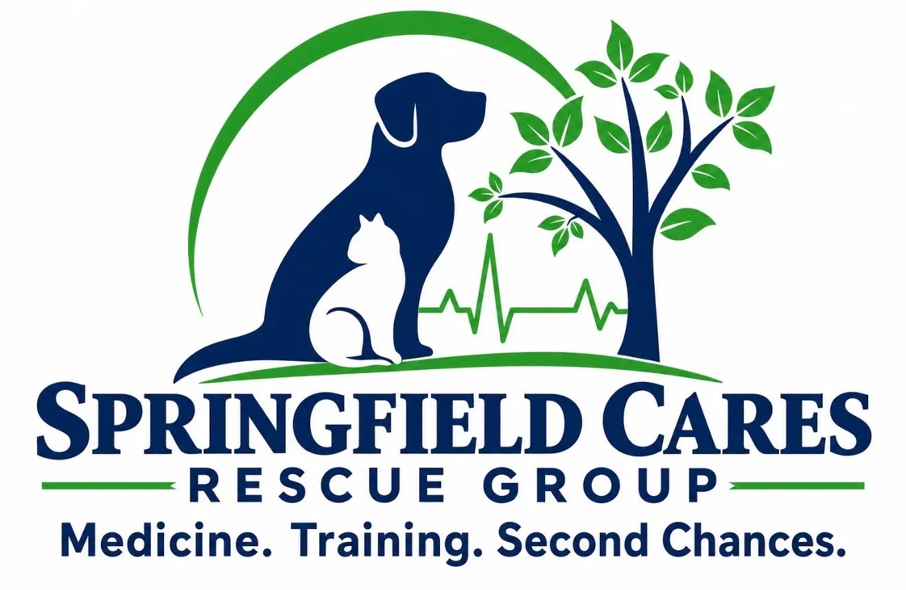Springfield Cares Rescue Group logo: a dog and cat beside a tree, with the words Medicine. Training. Second Chances.